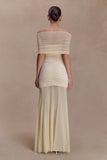 Caspian Slinky And Mesh Off Shoulder Maxi Dress Ivory