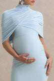 Augustina Powder Blue Maternity Midi Dress With Cape