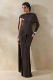 Trisara Brown Asymmetric Neck Maxi Dress With Gathered Detailing And Sash