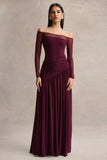 Luminary Dark Plum Bardot Neck Maxi Dress With Mesh Sleeves