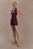 Fleur Ruched Slinky Mini Dress Mahogany