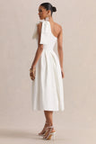 Meria White Asymmetric Neck Midi Dress With Bow Sleeve