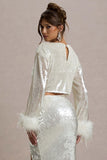 Solita Sand Sequin Long Sleeve Crop Top With Feather Trim