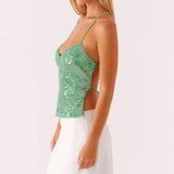 Women Sequin Beaded Cami Top V Neck Backless Criss Cross Straps Crop Tops Summer Going Out Clubwear