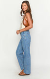 Kansis Blue Embroidered Uneven Waist Jeans