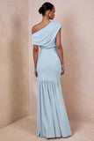 Kady Powder Blue Asymmetric Neck Maxi Dress With Ruched Detailing