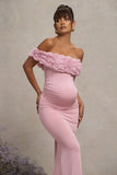Inflorescence Blush Pink Mesh Floral Bardot Maternity Maxi Dress