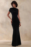 Blaire Black Asymmetric Neck Maxi Dress With Gold Detailing