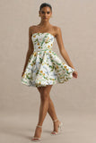 Valerian Lemon Floral Print Bandeau Mini Dress With Ruffle Hem