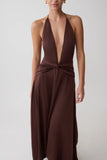 Cyra Plunge Satin Midi Dress Dark Chocolate