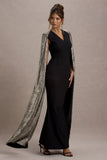 Ilenia Black V Neck Maxi Dress With Metallic Cape