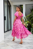 Women Floral Maxi Dress Short Puff Sleeve V Neck Bohemian Flowy Dress Smocked Casual Spring Summer Dresses