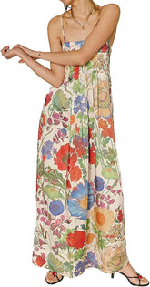 Women Boho Floral Maxi Dress Backless Spaghetti Strap A Line Flowy Summer Vacation Long Dress