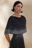 Luxy Black Embellished Boat Neck Crop Top With Cape Sleeves