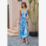 Women Boho Floral Maxi Dress Backless Spaghetti Strap A Line Flowy Summer Vacation Long Dress