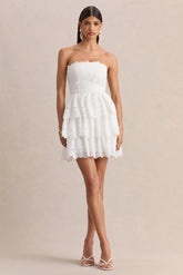 Winona White Lace Square Neck Mini Dress With Ruffled Detailing