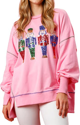 Christmas Sweatshirt for Women Funny Sequin Sweater Nutcracker Santa Xmas Graphic Oversized Pullover Tops