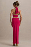 Aura Hot Pink Halter Neck Cut Out Split Maxi Dress
