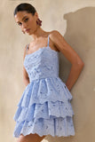 Winona Powder Blue Lace Square Neck Mini Dress With Ruffled Detailing