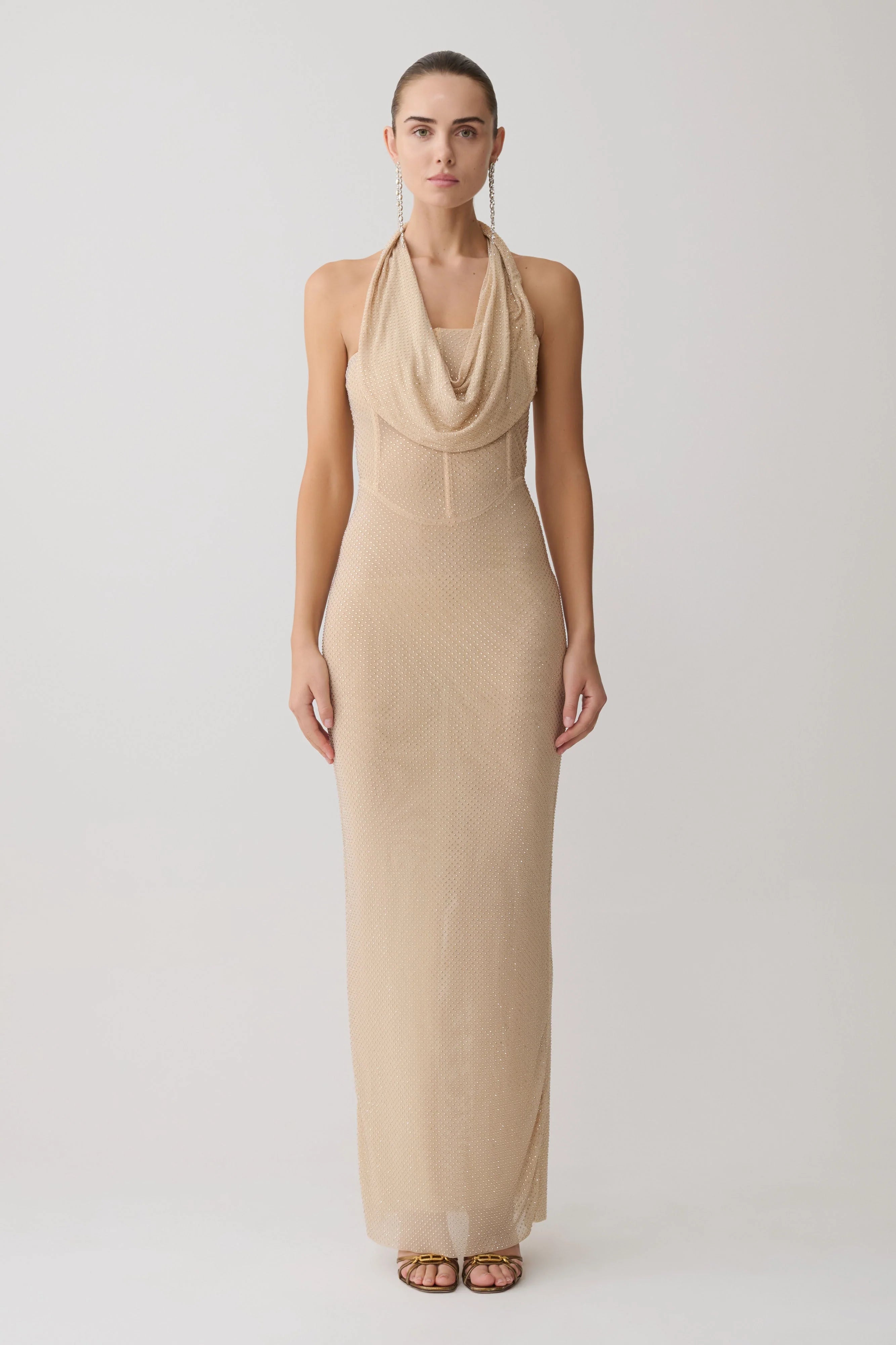 Phi Multi Wear Cowl Diamante Maxi Dress Gold