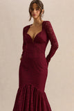 Camilly Burgundy Lace Plunge Neck Mermaid Midi Dress