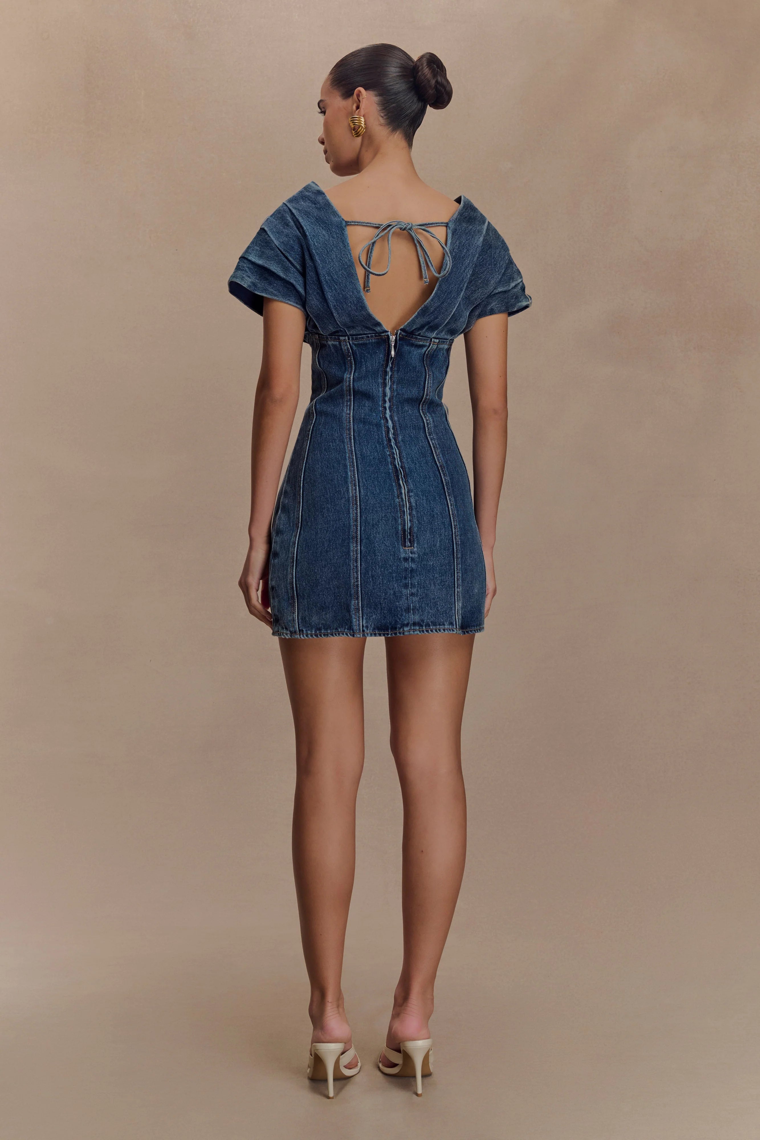 Pascale Off Shoulder Denim Mini Dress Washed Dark Blue