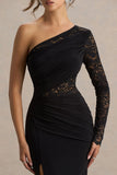 Melody Black Asymmetric Neck Maxi Dress With Lace Detailing And Front High Split