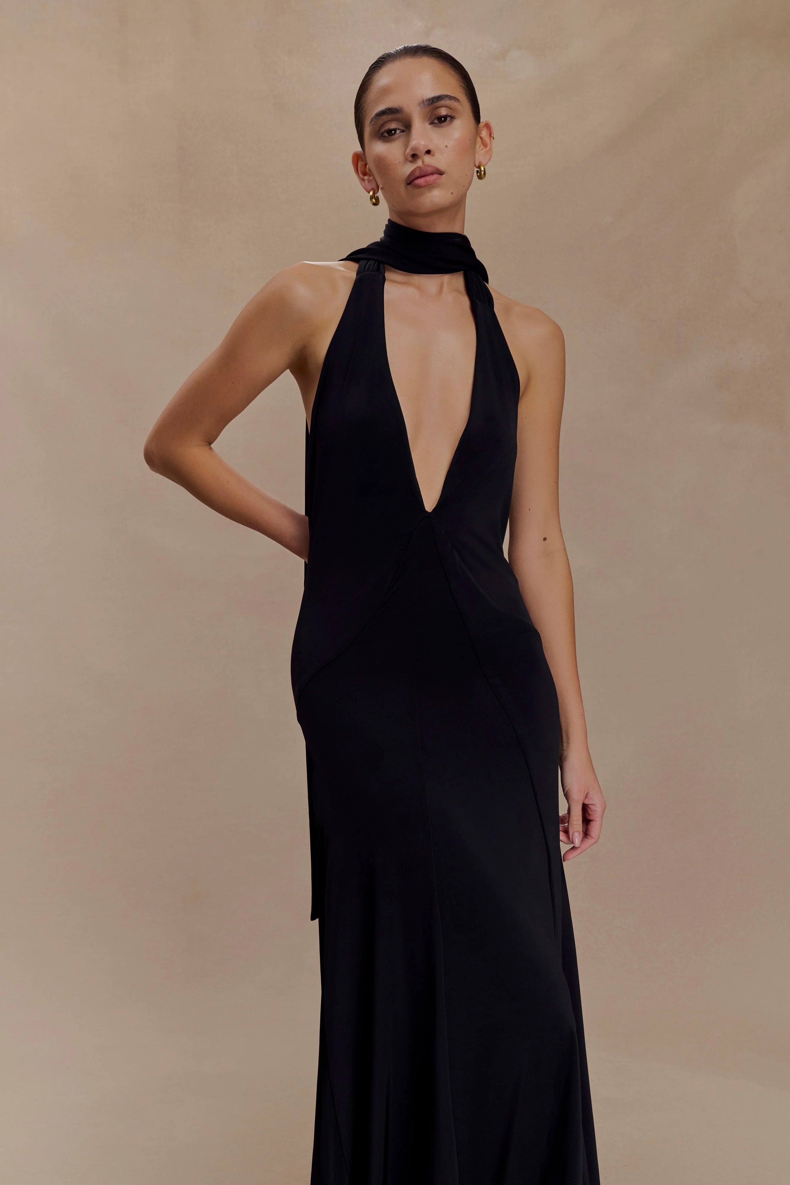 Juliet Slinky Maxi Dress With Scarf Black