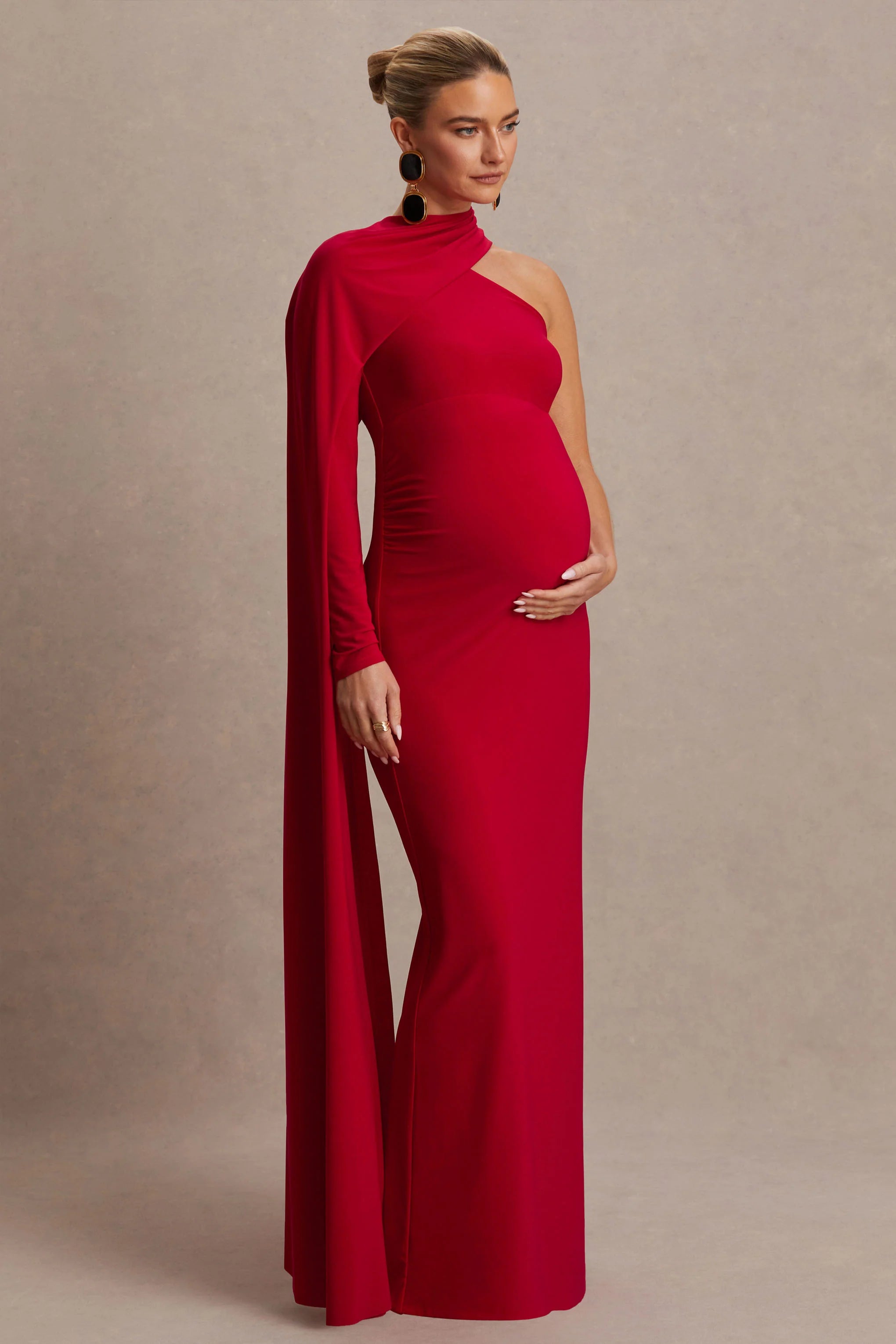 Tessy Red Asymmetric Neck Maternity Maxi Dress With Cape Sleeve