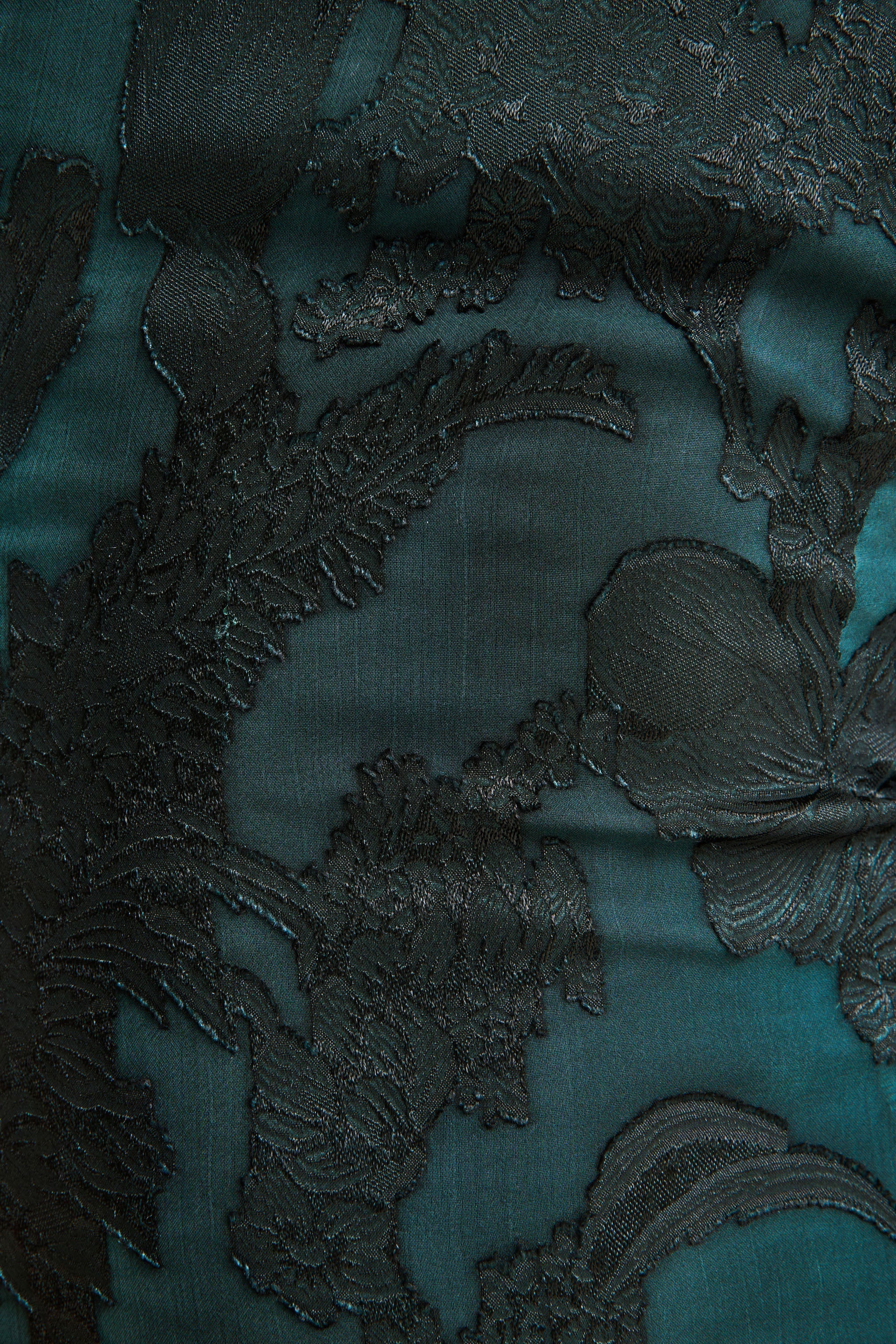 Hada Dark Green Satin Devore Square Neck Maxi Dress With Removable Twisted Cape