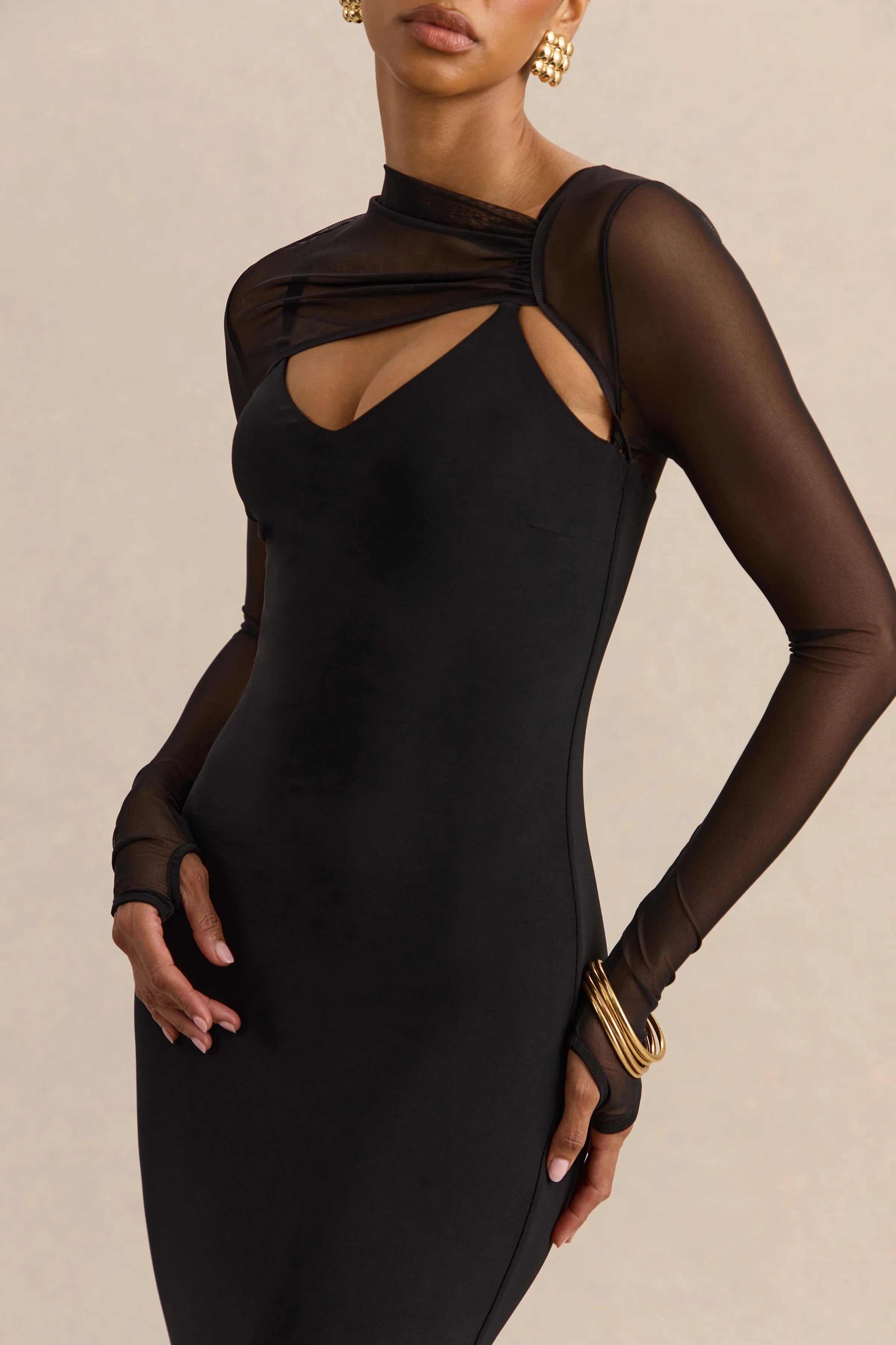 Coralia Black Asymmetric Neck Maxi Dress With Mesh Long Sleeves
