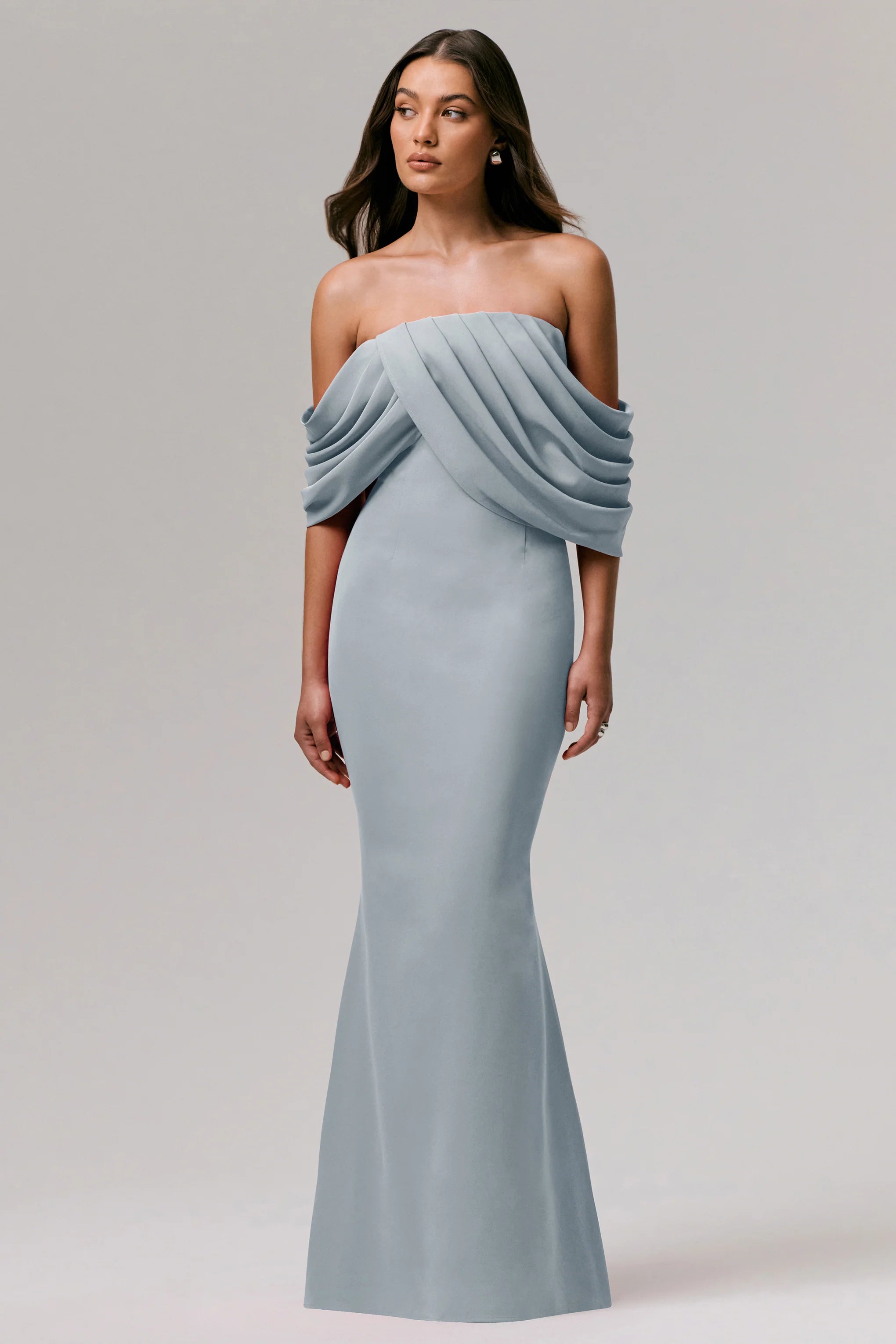 Serene Powder Blue Draped Bardot Maxi Dress
