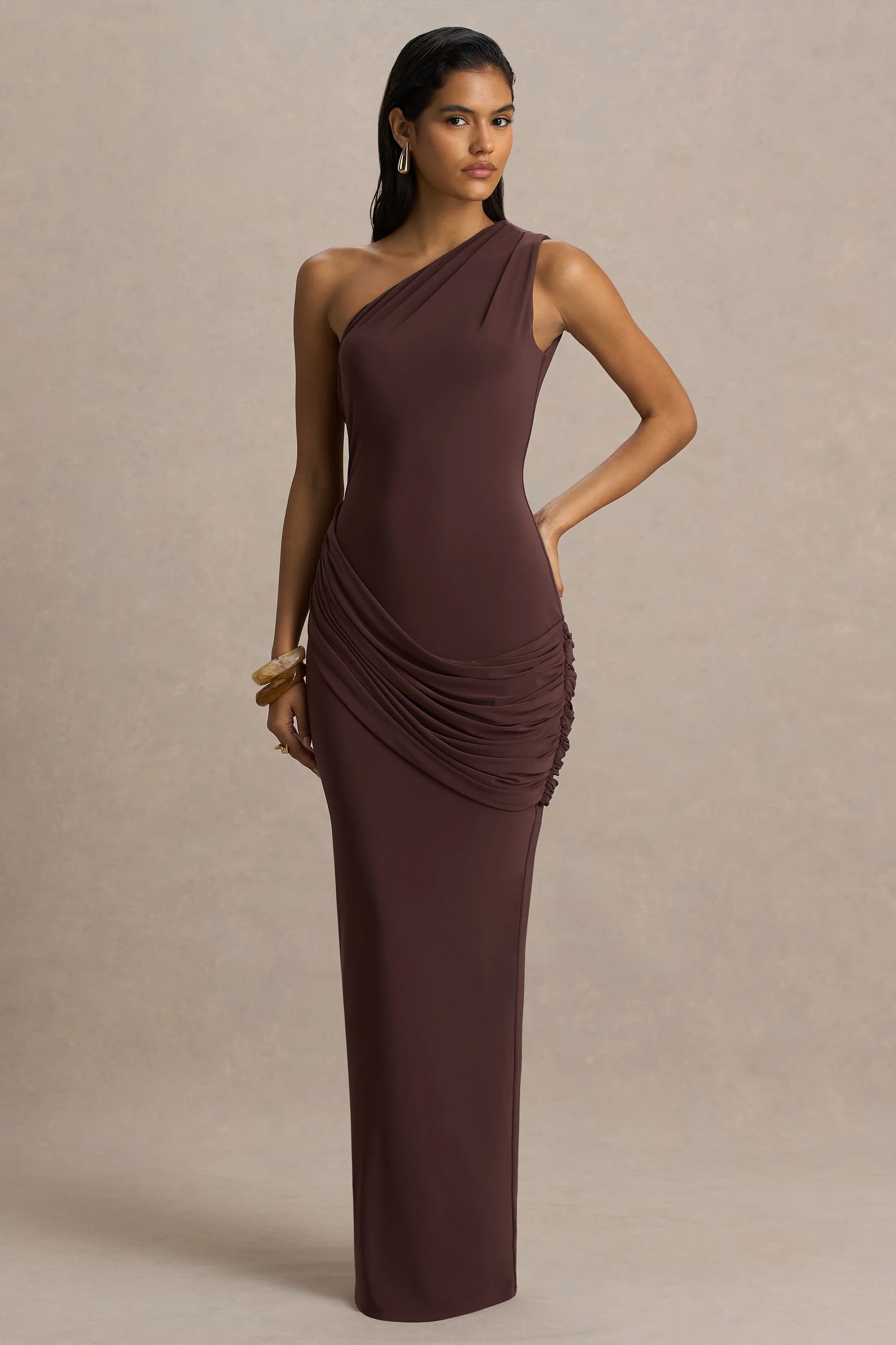 Elisa Brown Asymmetric Neck Maxi Dress With Open Back And Ruched Detailing