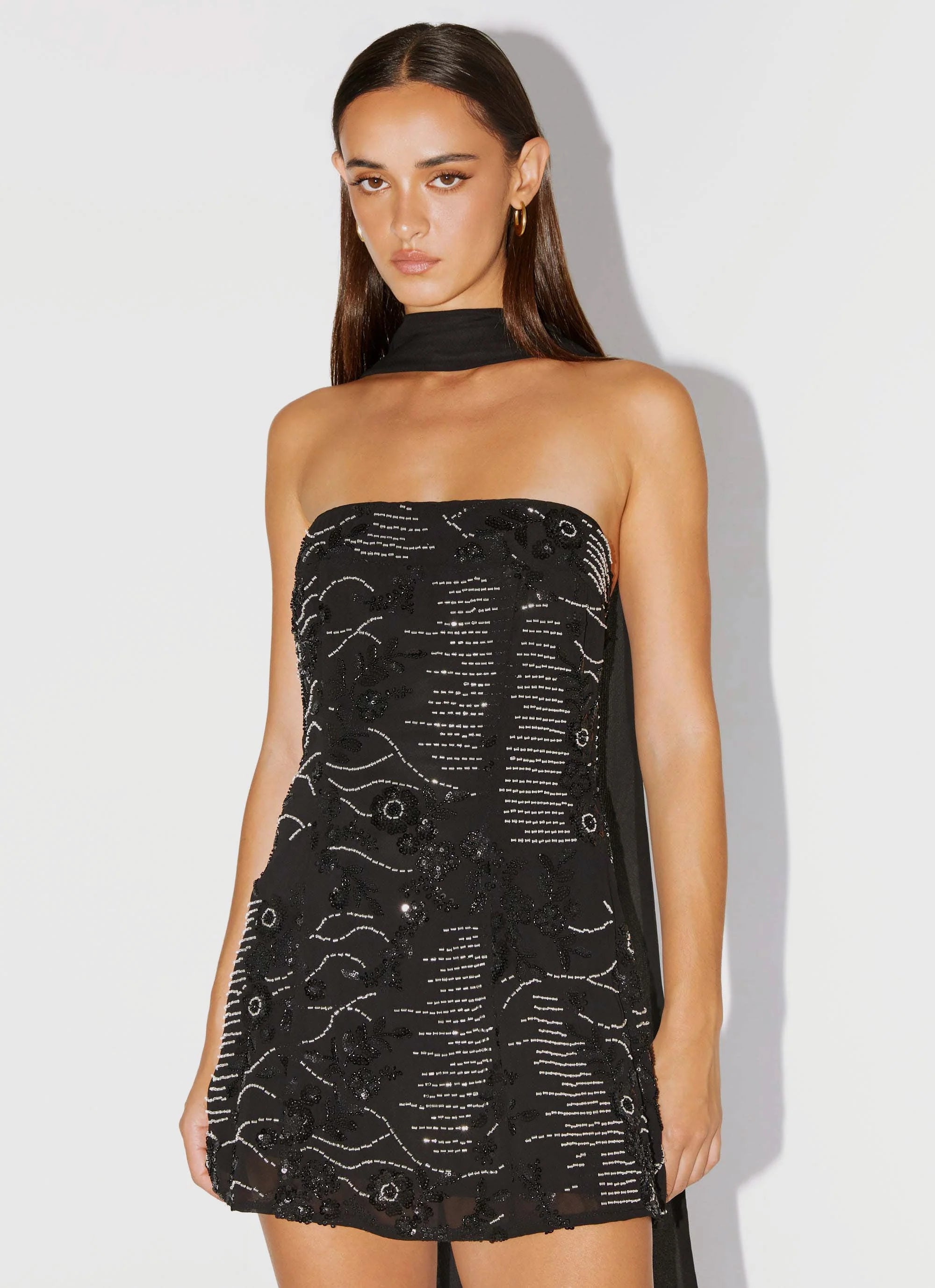 Kiesha Strapless Scarf Mini Dress Black