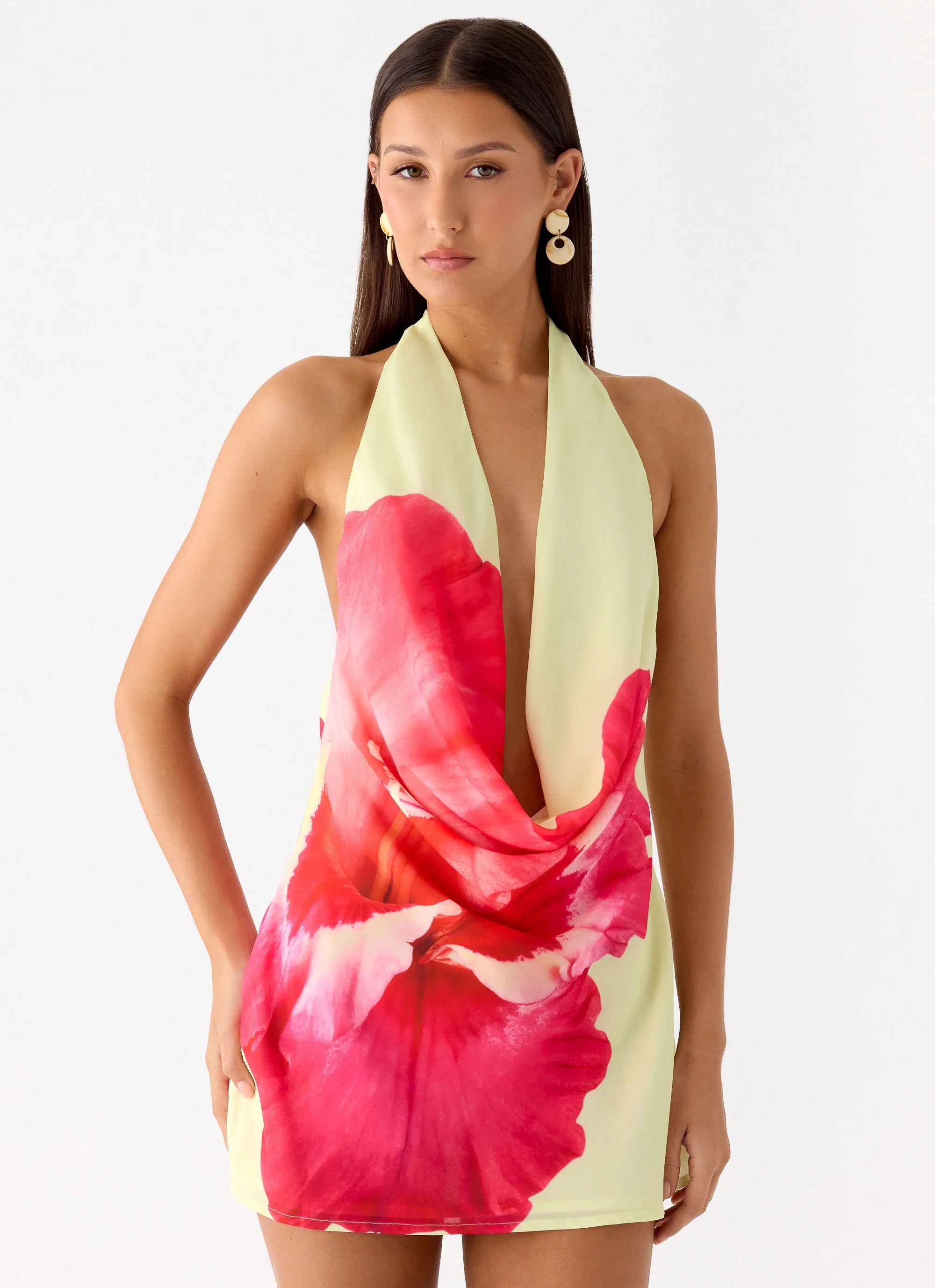 Varindra Cowl Mini Dress Yellow Floral Spritz