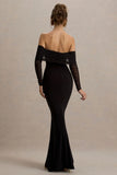 Madeleine Black Fishtail Maxi Dress With Bardot Mesh Long Sleeves