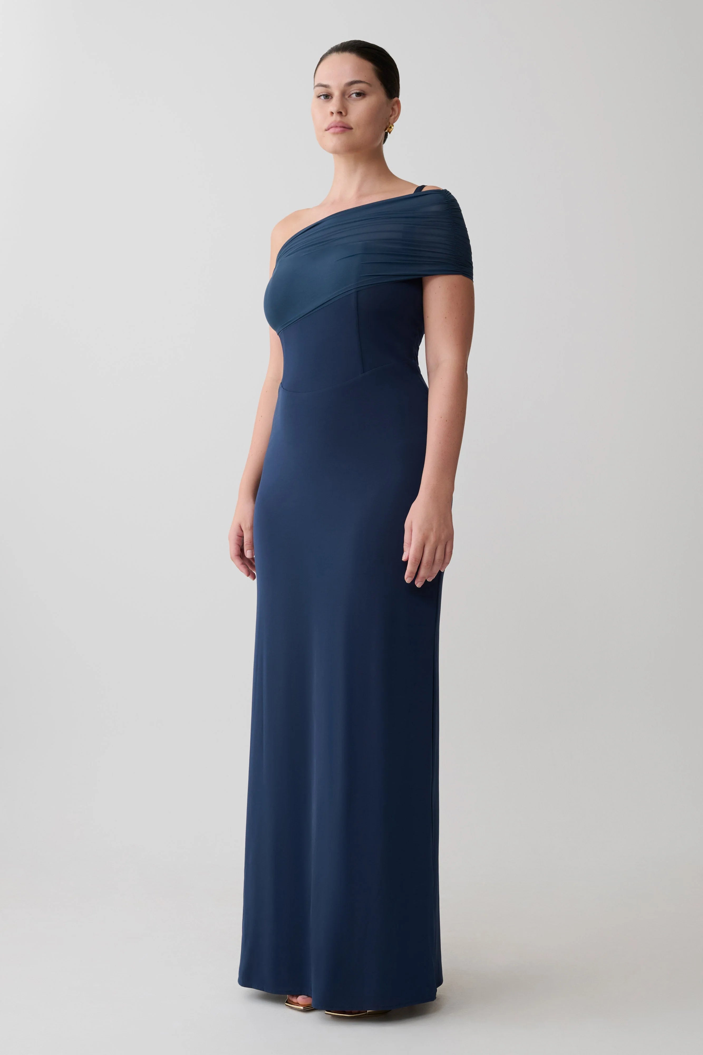 Hanh One Shoulder Mesh Maxi Dress Ink Blue