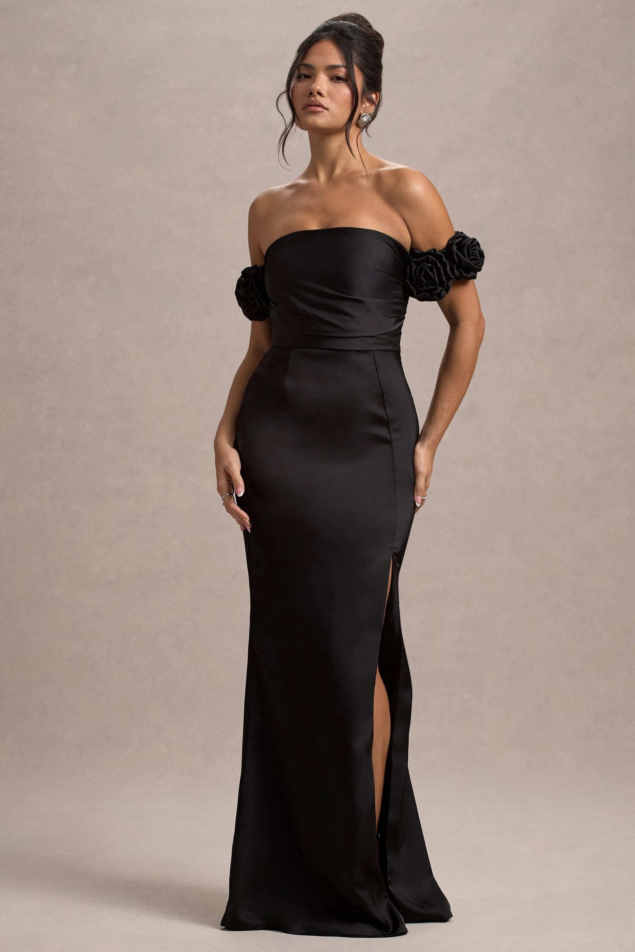 Senseless Black Satin Floral Bardot Maxi Dress