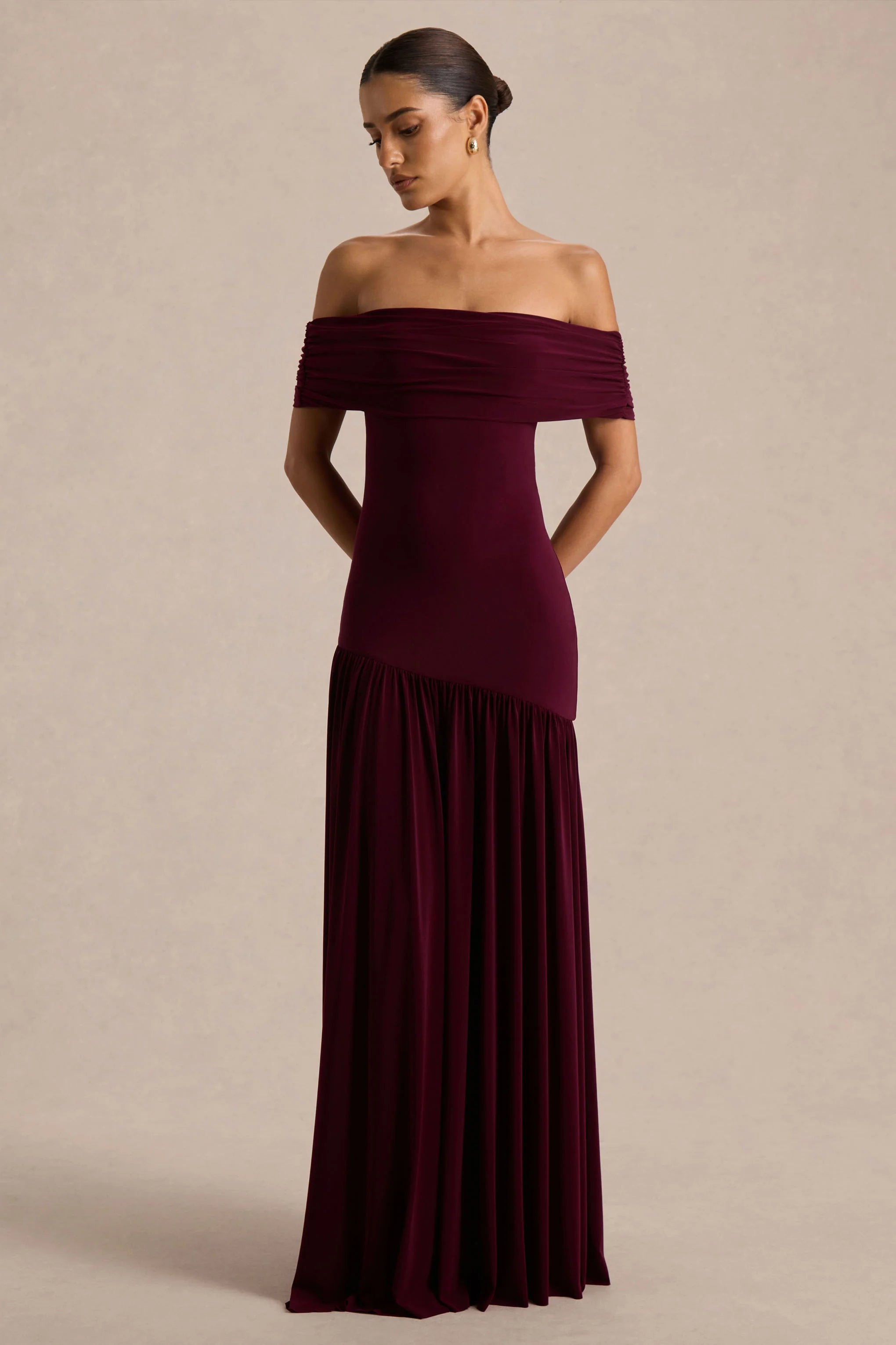 Venezia Burgundy Bardot Maxi Dress With Drop Waist