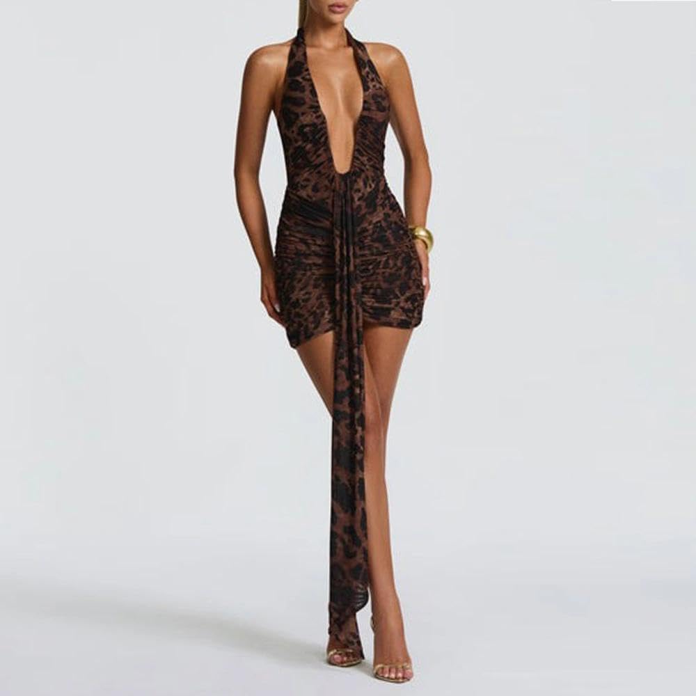 Women Deep V Neck Ruched Mini Dresses Backless Halter Dress Party Club Night