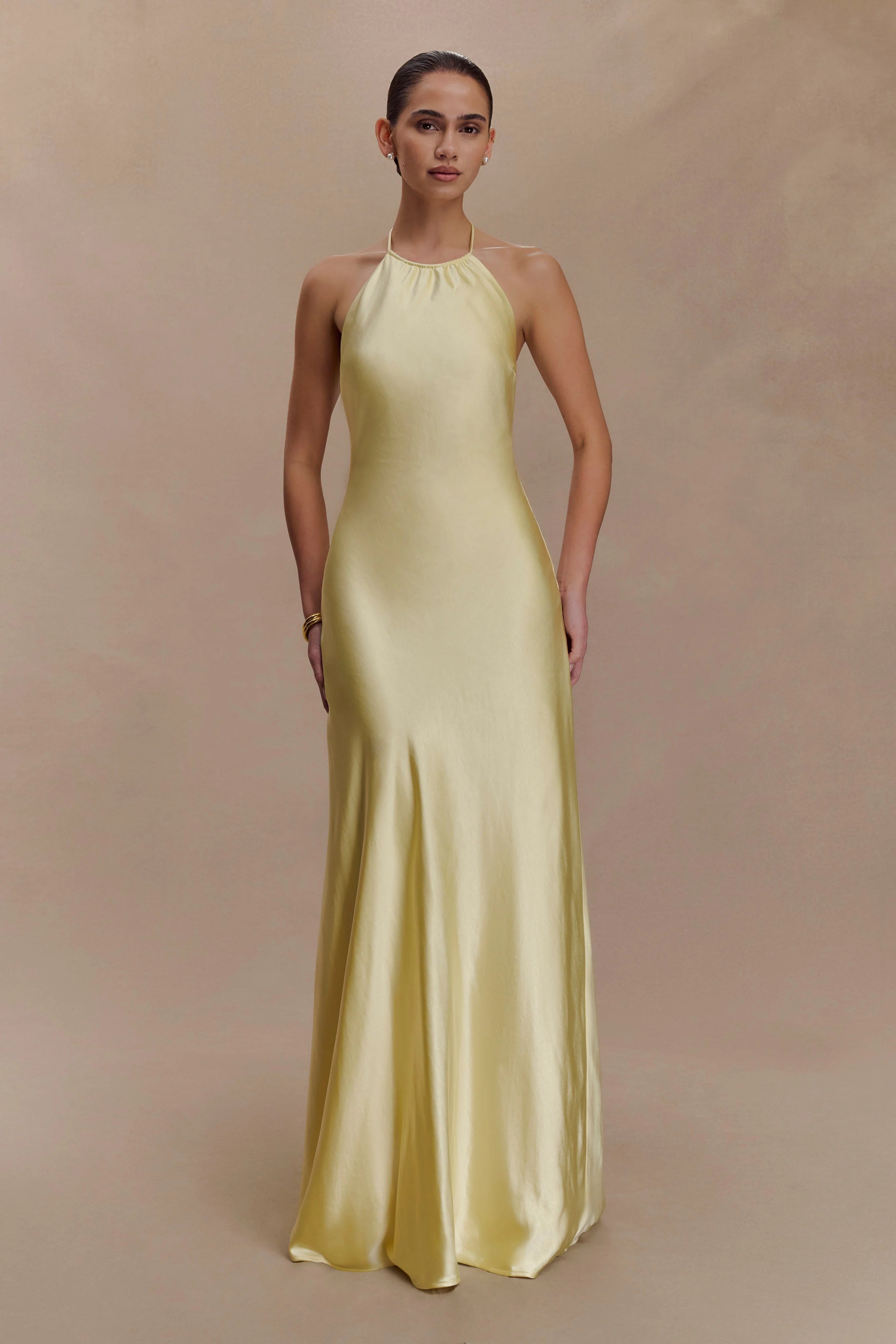 Bella Satin Halter Maxi Dress Lemon