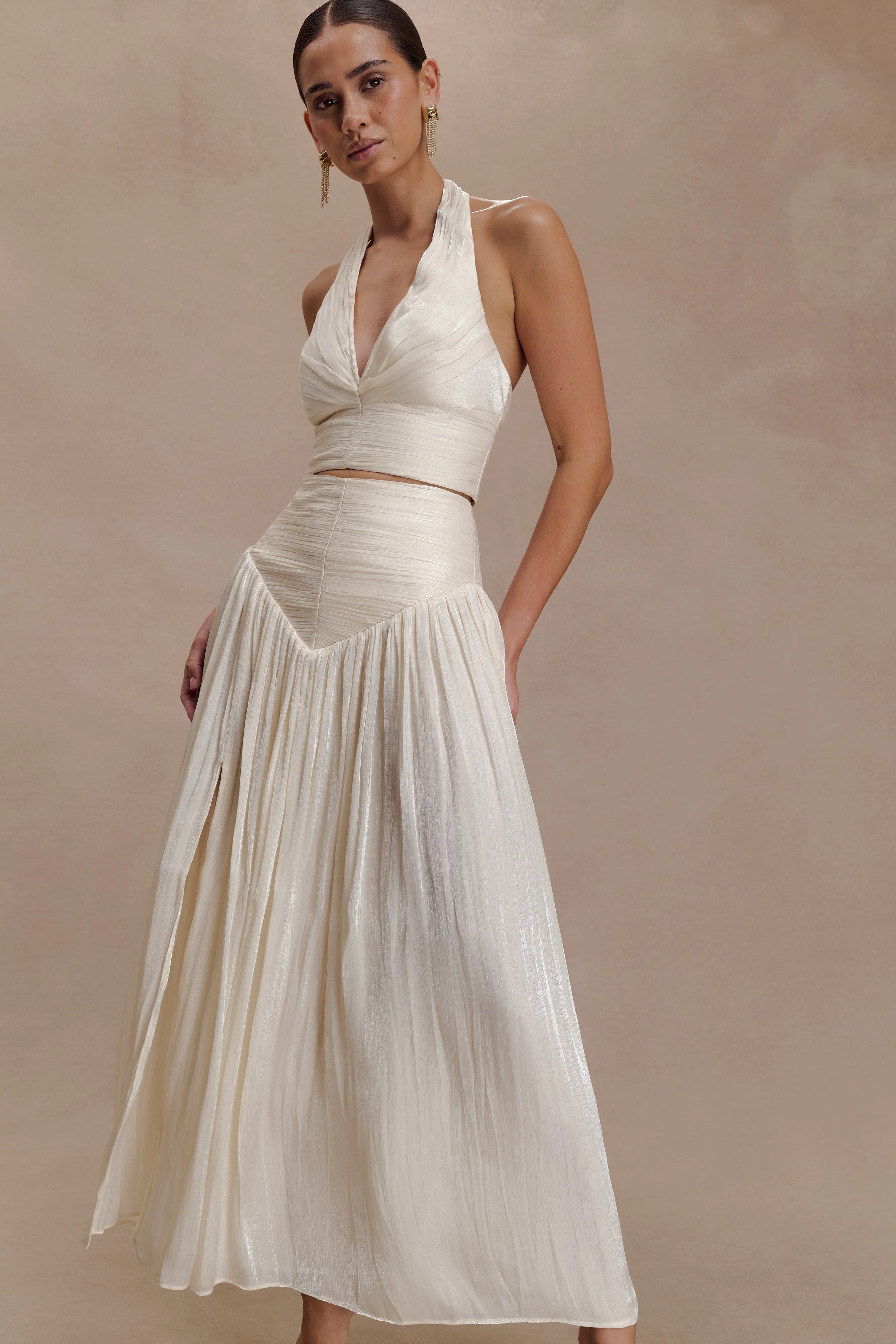 Makena Gathered V Neck Top Opal White