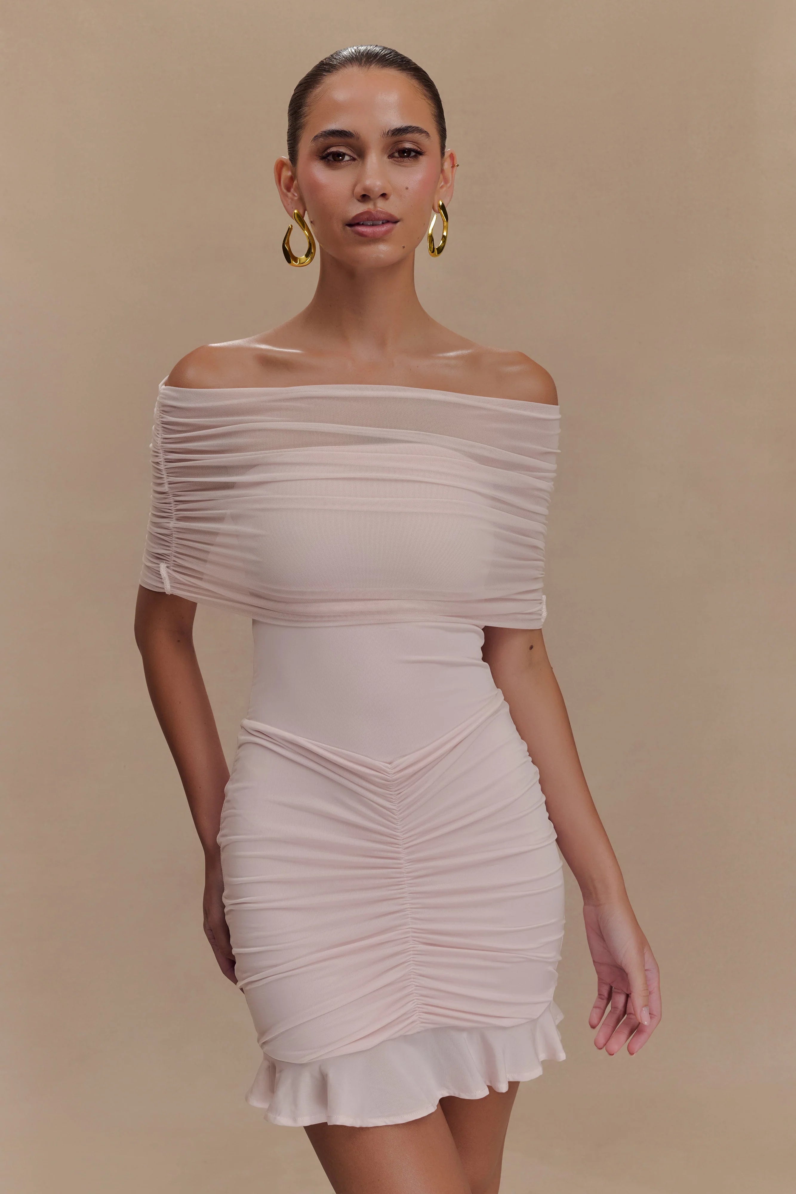 Caspian Slinky And Mesh Off Shoulder Mini Dress Pale Pink