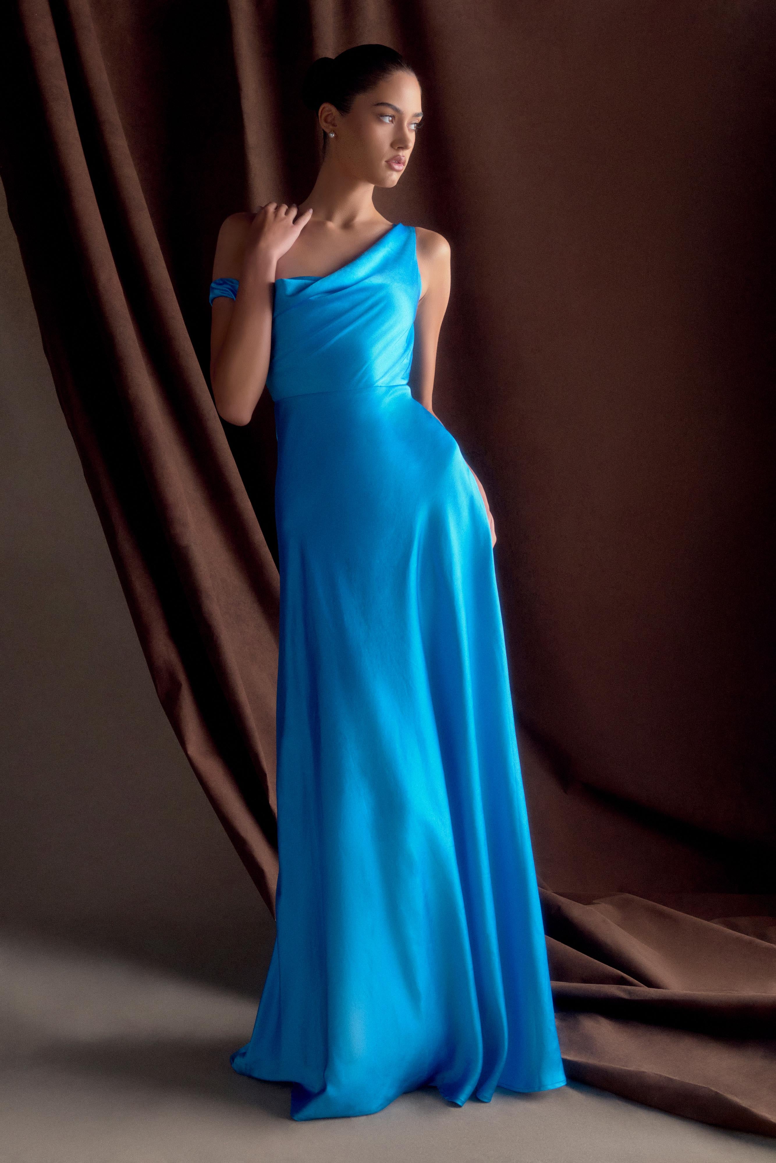 Jacinta One Shoulder Maxi Dress Cyan Blue