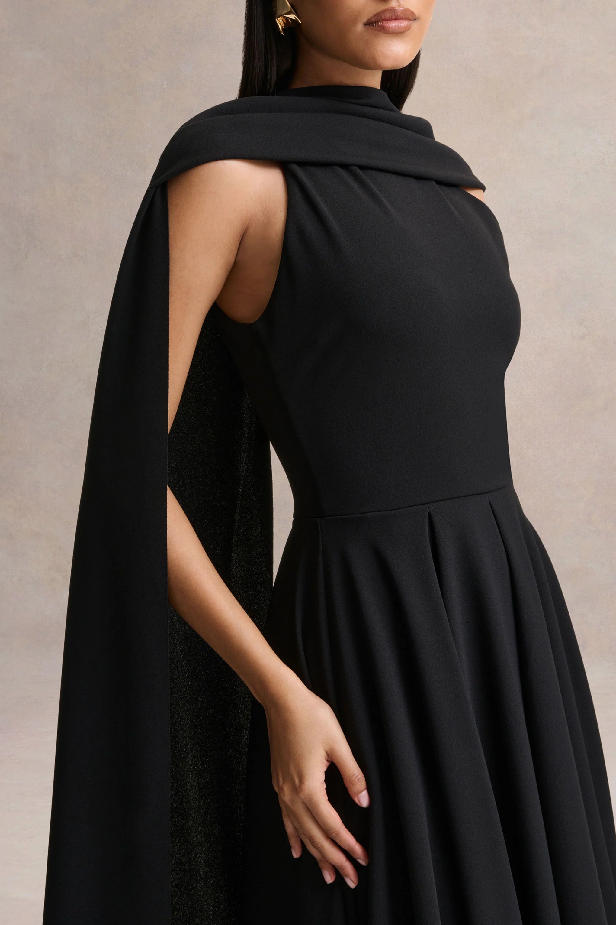 Nova Black High Neck Midi Dress With Cape Sleeves
