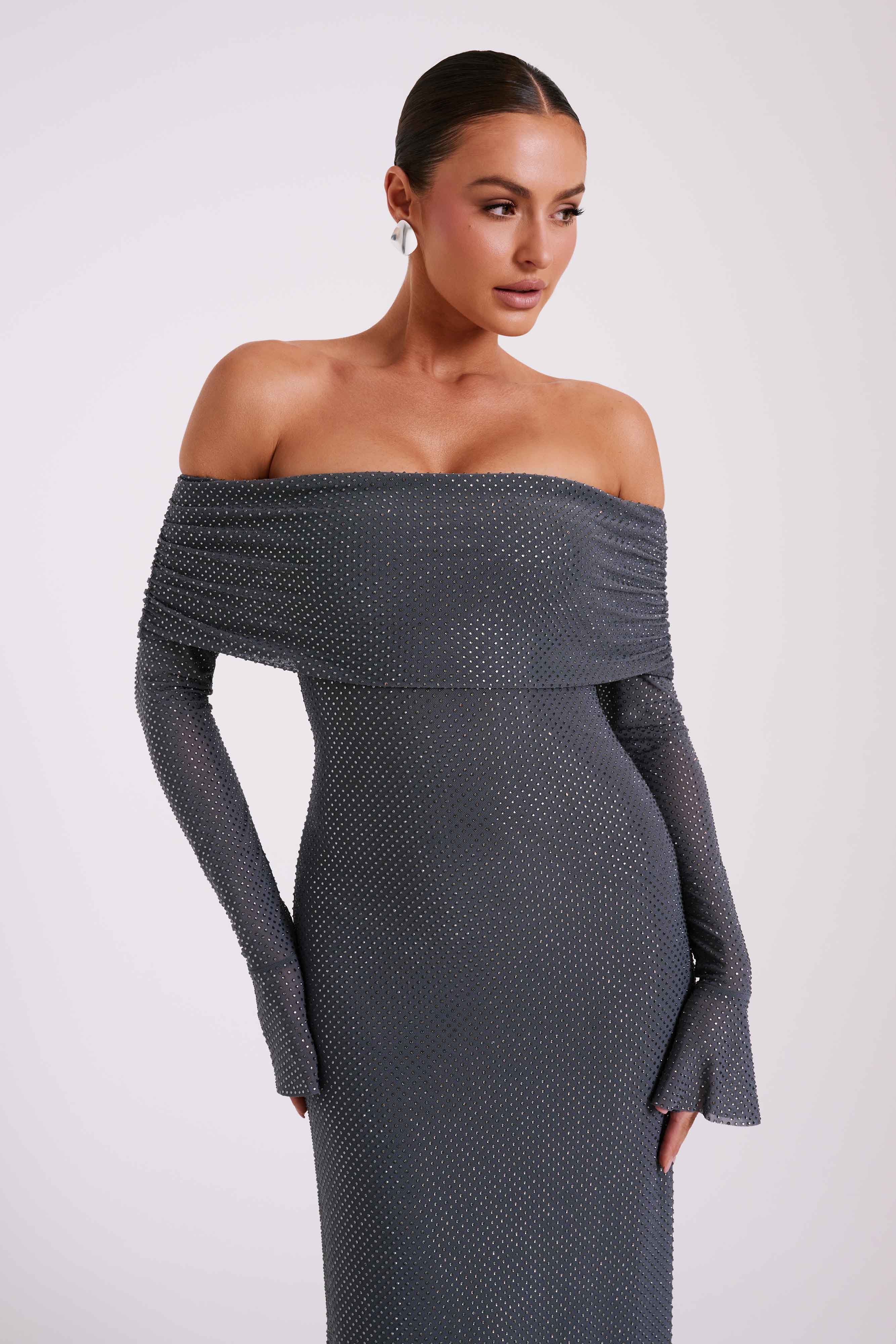 Marcel Off Shoulder Diamante Maxi Dress Gunmetal