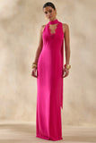 True Icon Hot Pink Satin High Neck Maxi Slip Dress With Sash