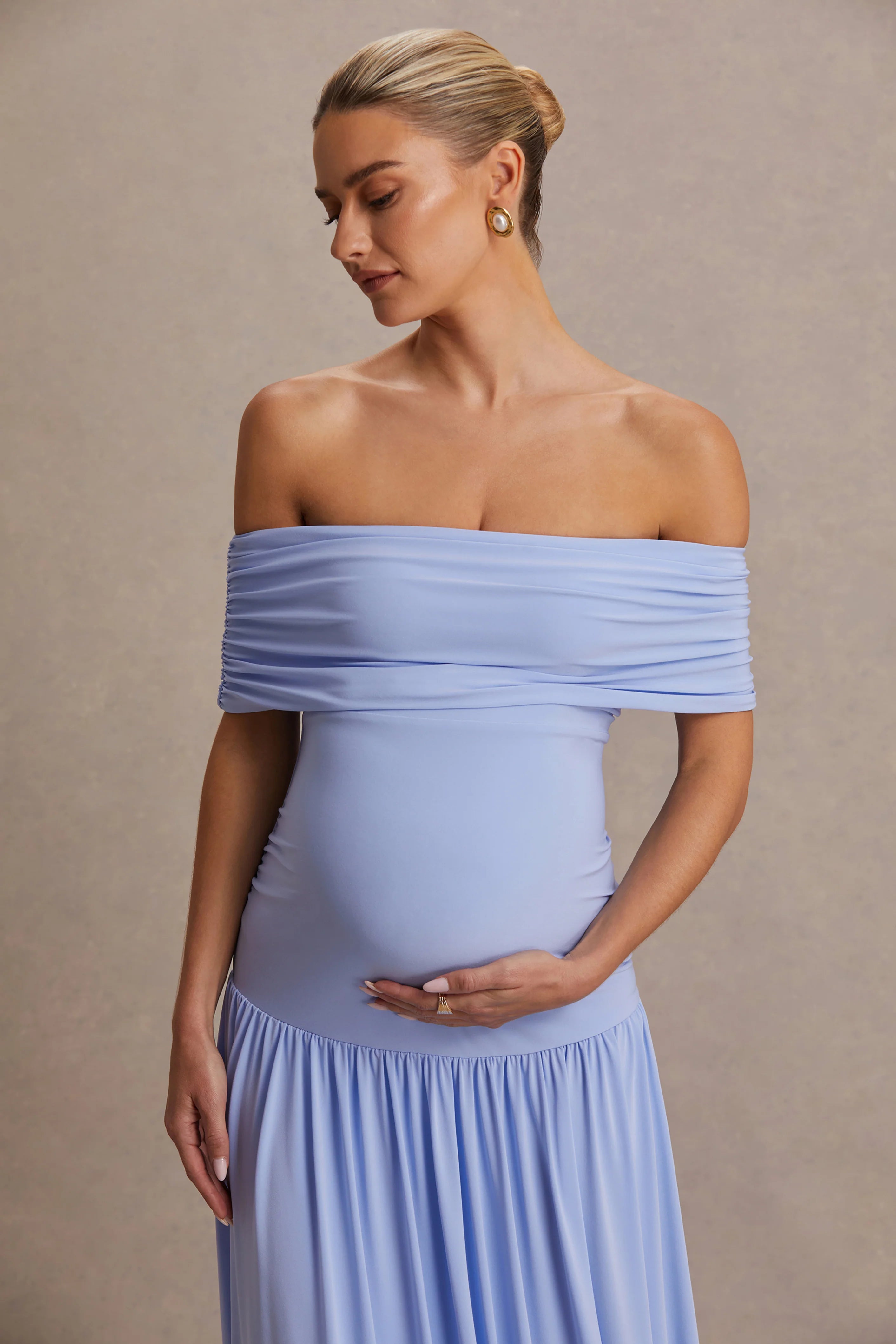 Juliette Powder Blue Bardot Neck Maternity Maxi Dress With Drop Waist