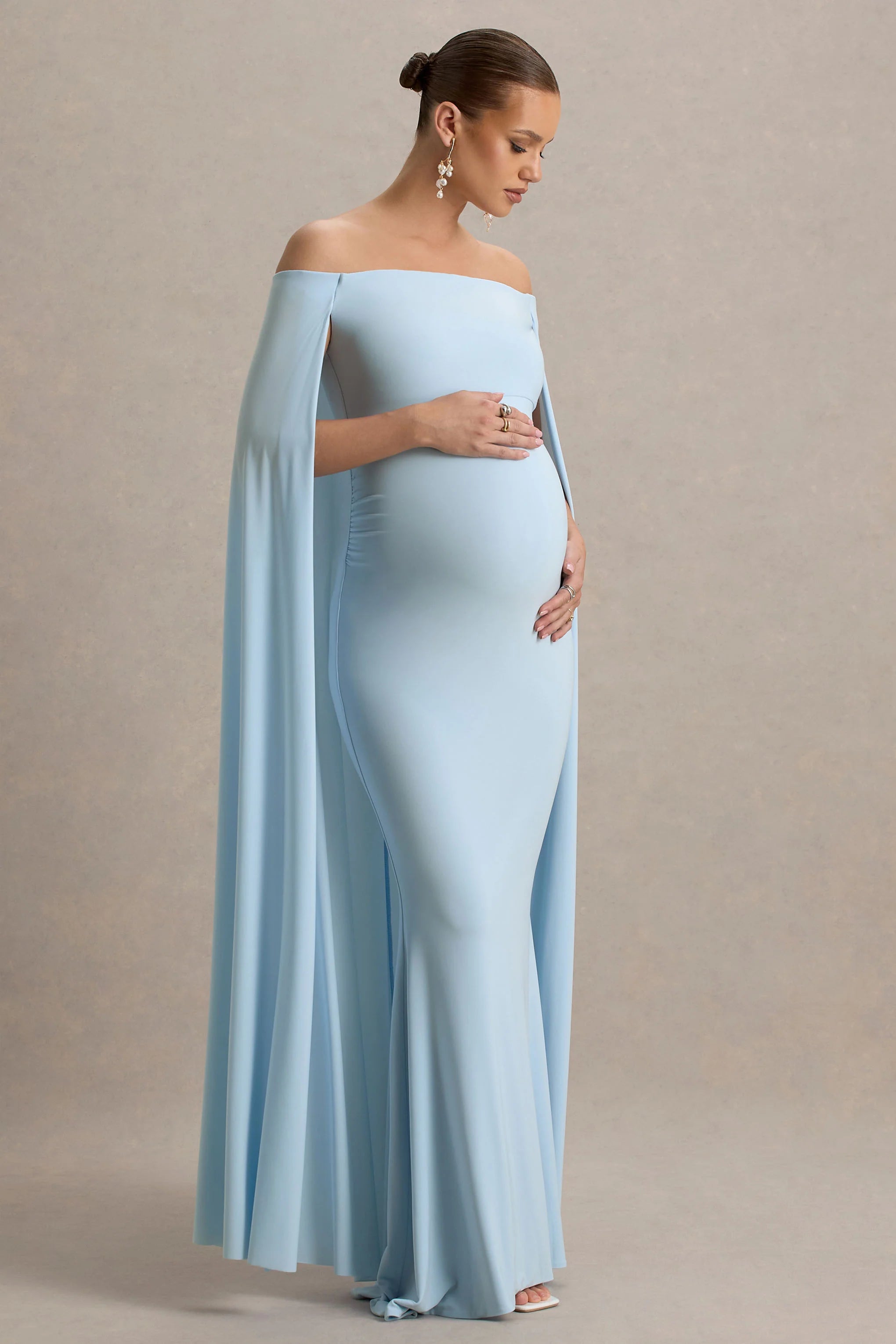 Radiance Powder Blue Bardot Maternity Maxi Dress With Cape