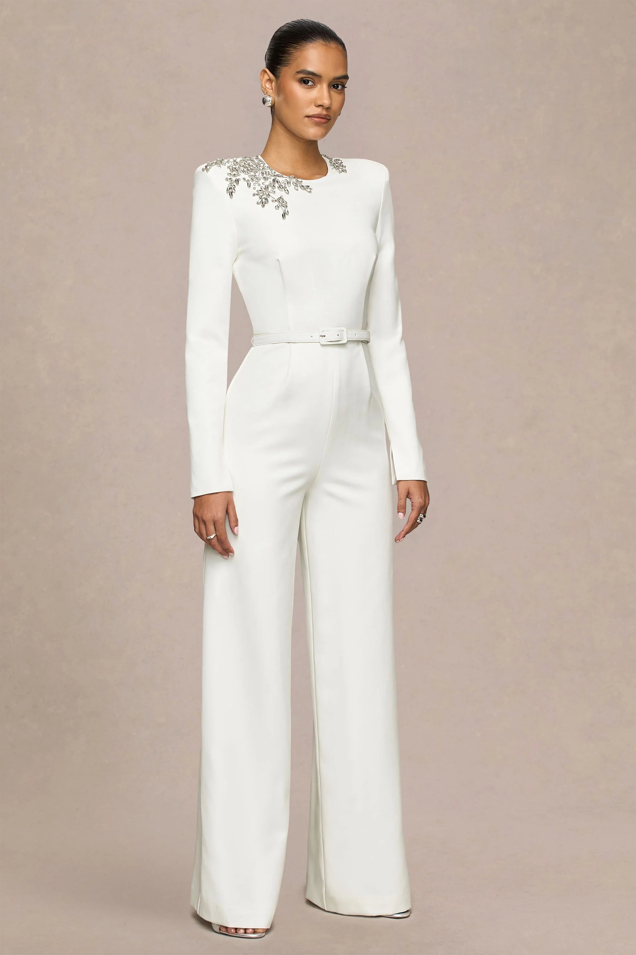 Prize Cream Crew Neck Jumpsuit With Embellishment Detail